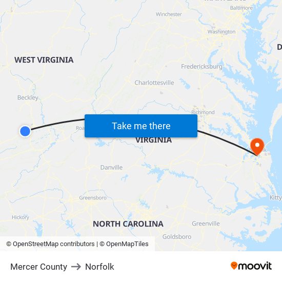 Mercer County to Norfolk map