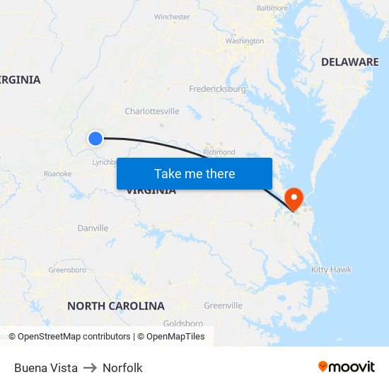 Buena Vista to Norfolk map