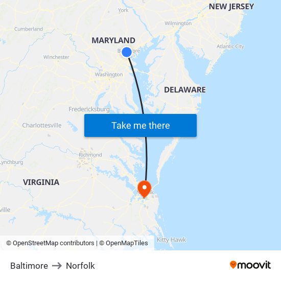 Baltimore to Norfolk map