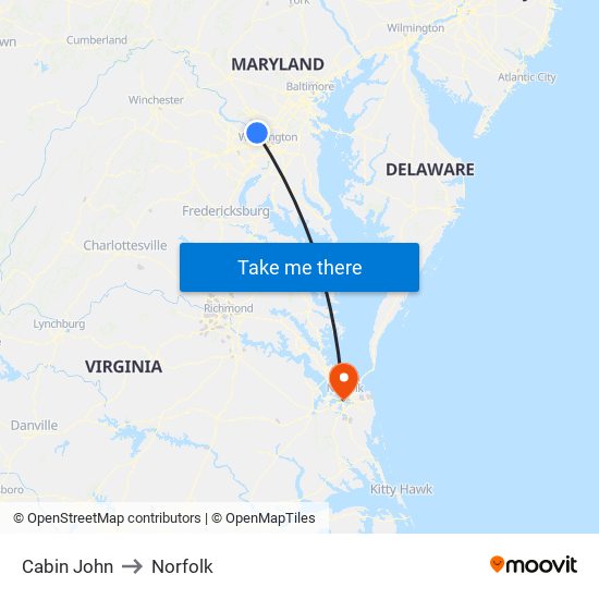 Cabin John to Norfolk map