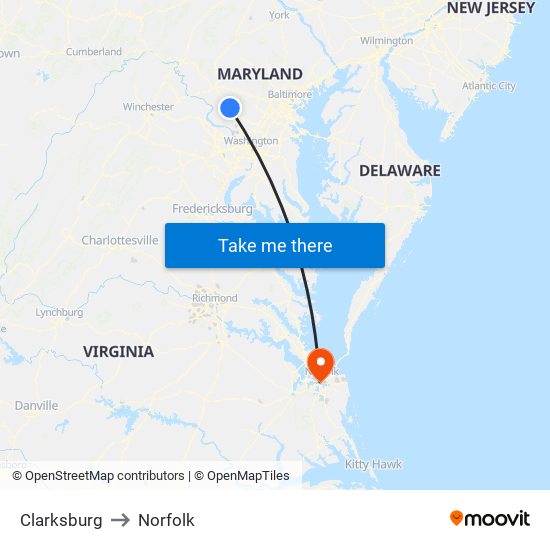 Clarksburg to Norfolk map