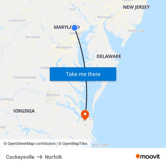 Cockeysville to Norfolk map