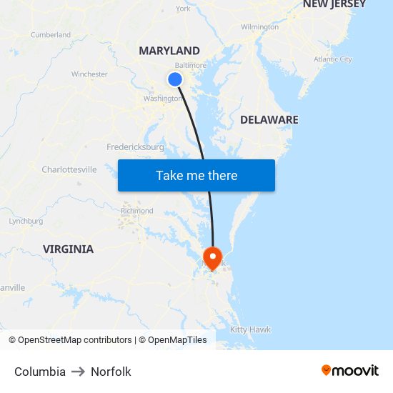 Columbia to Norfolk map