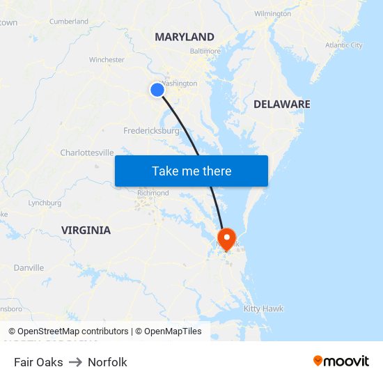 Fair Oaks to Norfolk map