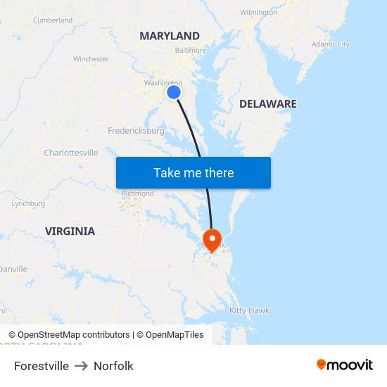 Forestville to Norfolk map