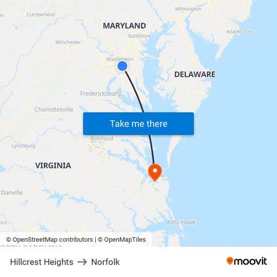 Hillcrest Heights to Norfolk map