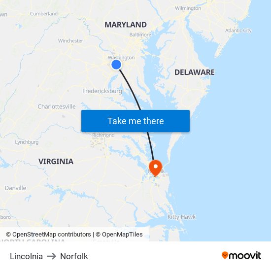 Lincolnia to Norfolk map