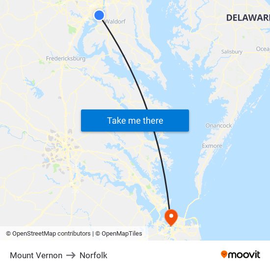 Mount Vernon to Norfolk map