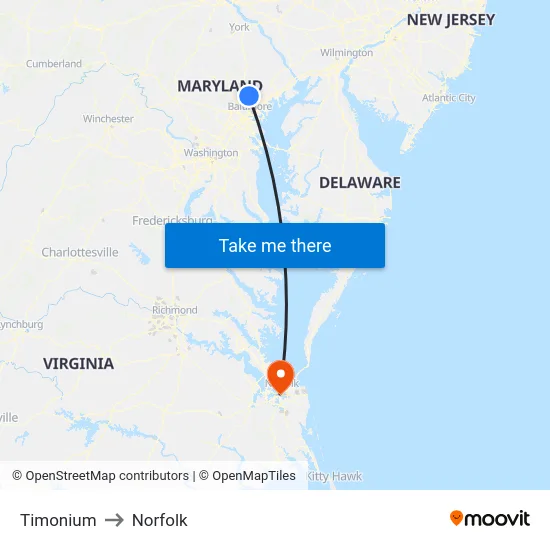 Timonium to Norfolk map