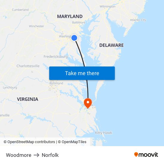 Woodmore to Norfolk map