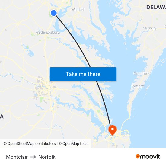 Montclair to Norfolk map