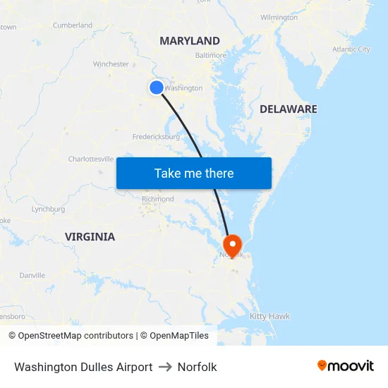 Washington Dulles Airport to Norfolk map