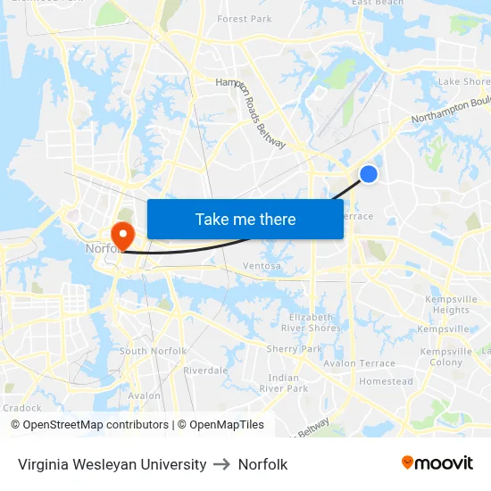 Virginia Wesleyan University to Norfolk map