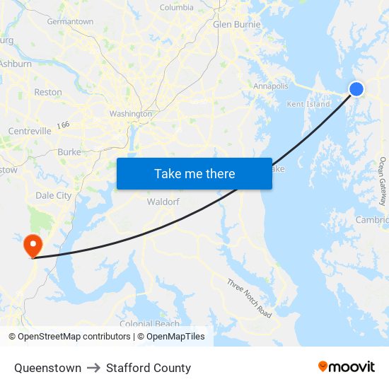 Queenstown to Stafford County map