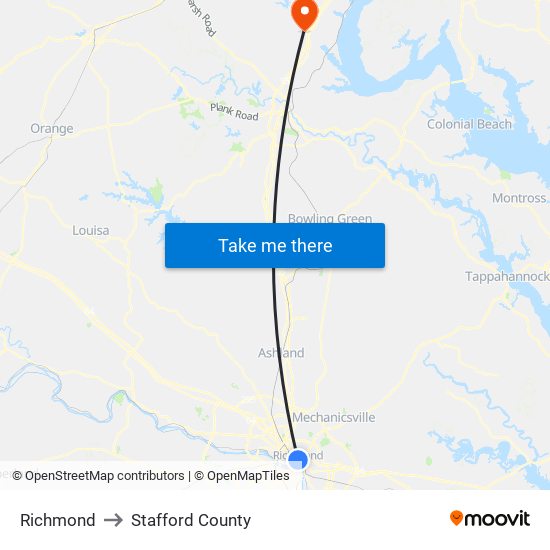 Richmond to Stafford County map