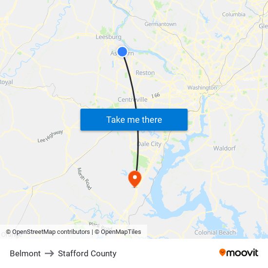 Belmont to Stafford County map