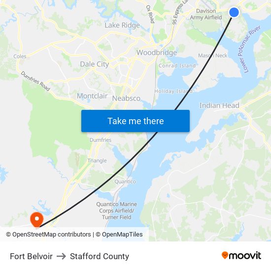 Fort Belvoir to Stafford County map