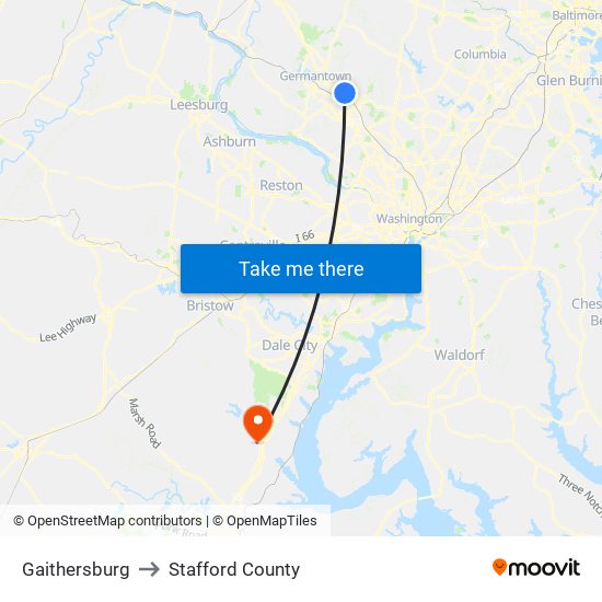 Gaithersburg to Stafford County map