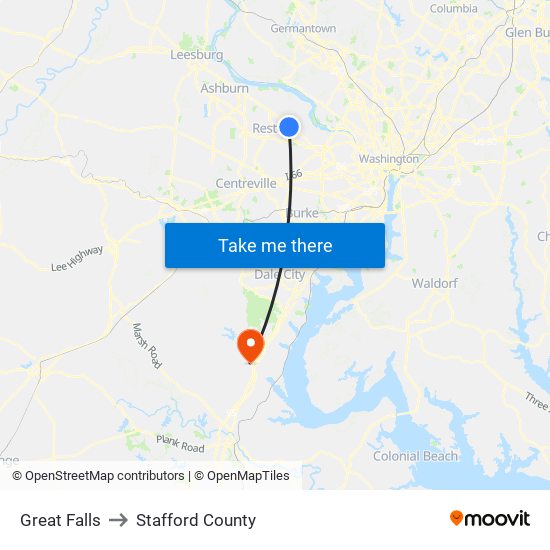 Great Falls to Stafford County map