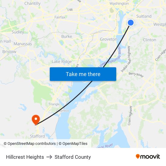 Hillcrest Heights to Stafford County map