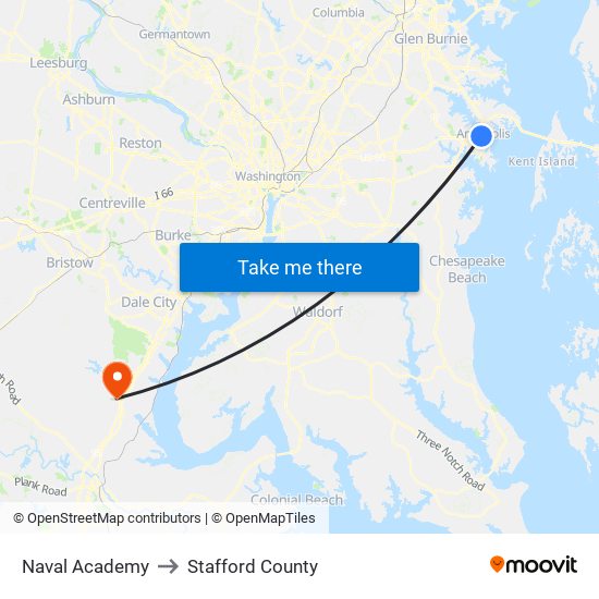 Naval Academy to Stafford County map