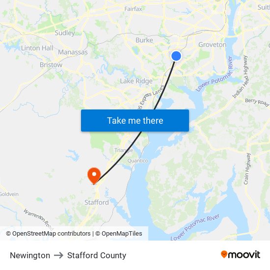 Newington to Stafford County map