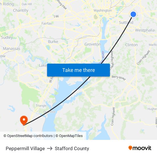 Peppermill Village to Stafford County map