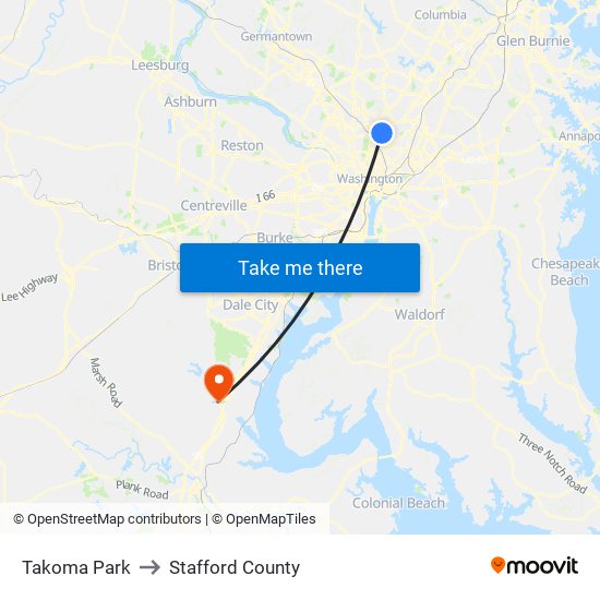 Takoma Park to Stafford County map