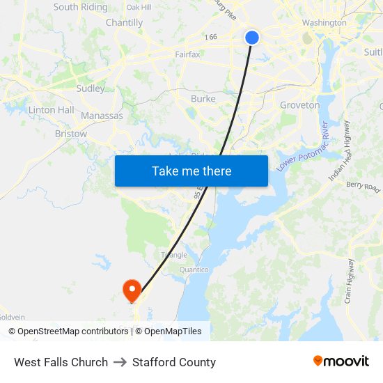 West Falls Church to Stafford County map