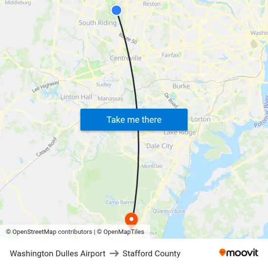 Washington Dulles Airport to Stafford County map