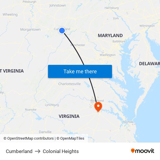 Cumberland to Colonial Heights map