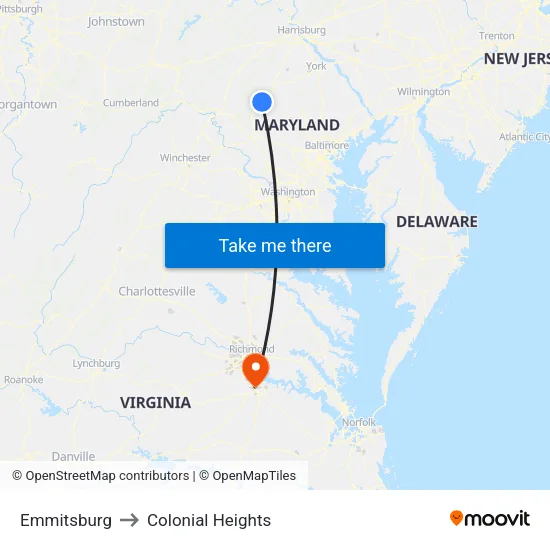 Emmitsburg to Colonial Heights map