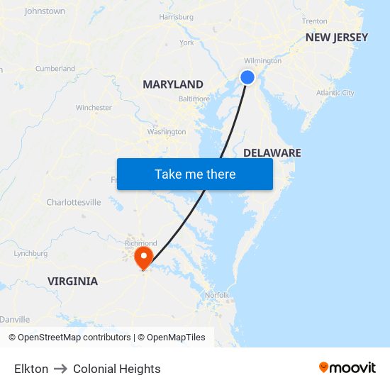 Elkton to Colonial Heights map