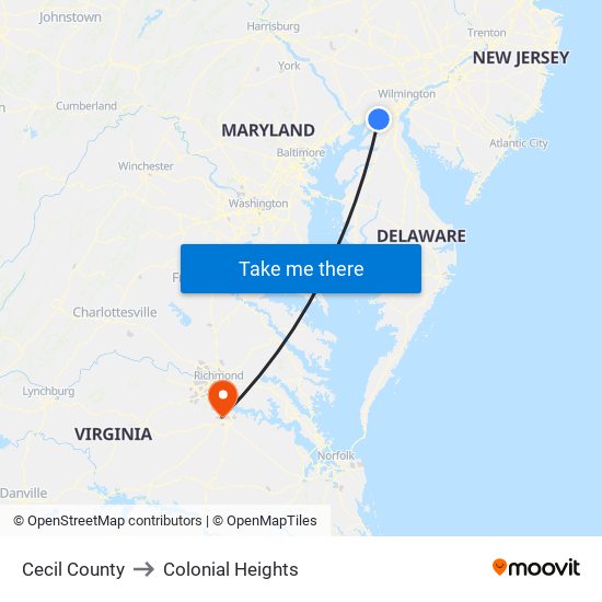 Cecil County to Colonial Heights map