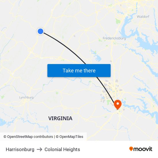 Harrisonburg to Colonial Heights map