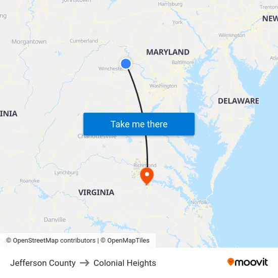 Jefferson County to Colonial Heights map