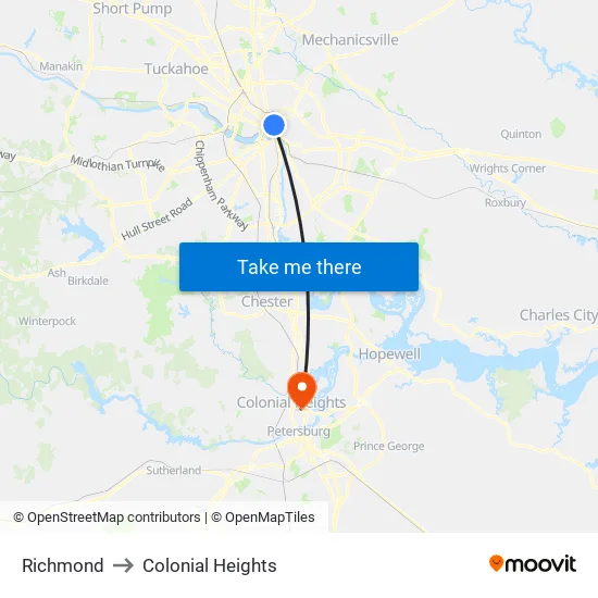 Richmond to Colonial Heights map