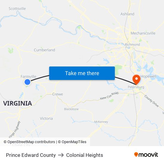 Prince Edward County to Colonial Heights map