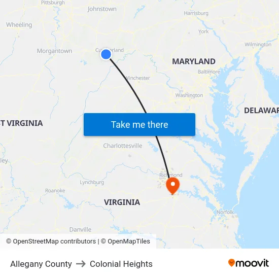 Allegany County to Colonial Heights map