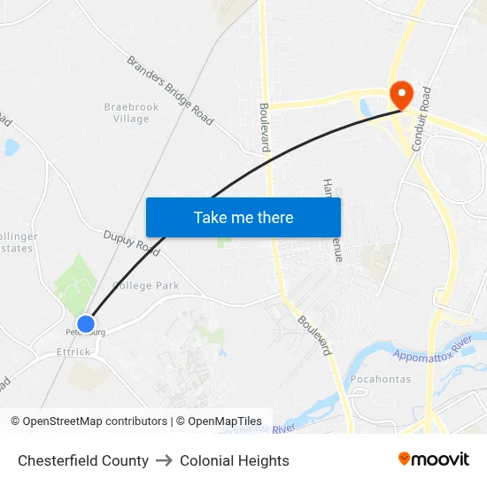 Chesterfield County to Colonial Heights map