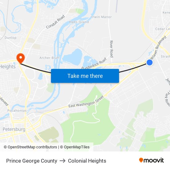 Prince George County to Colonial Heights map