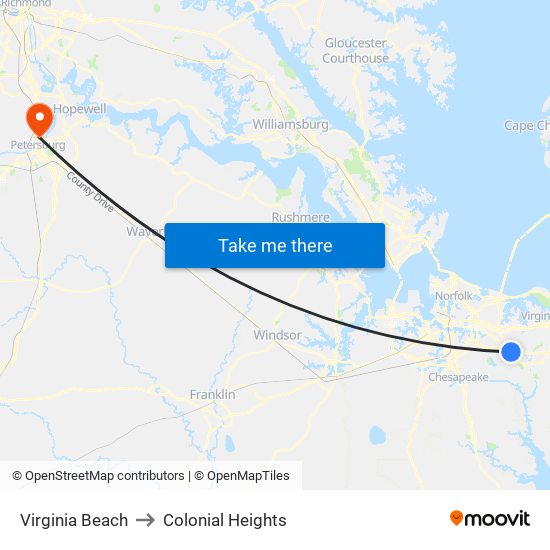 Virginia Beach to Colonial Heights map