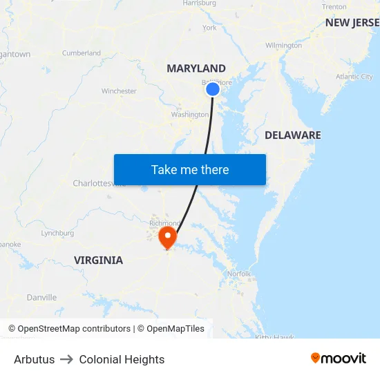 Arbutus to Colonial Heights map