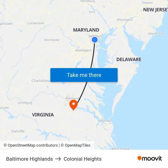 Baltimore Highlands to Colonial Heights map