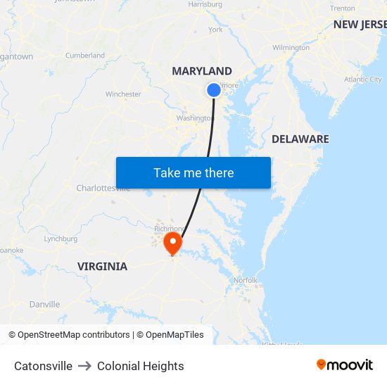 Catonsville to Colonial Heights map