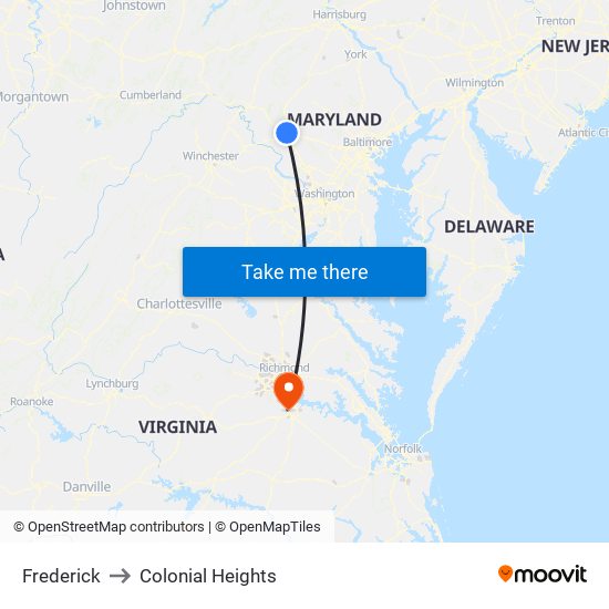 Frederick to Colonial Heights map