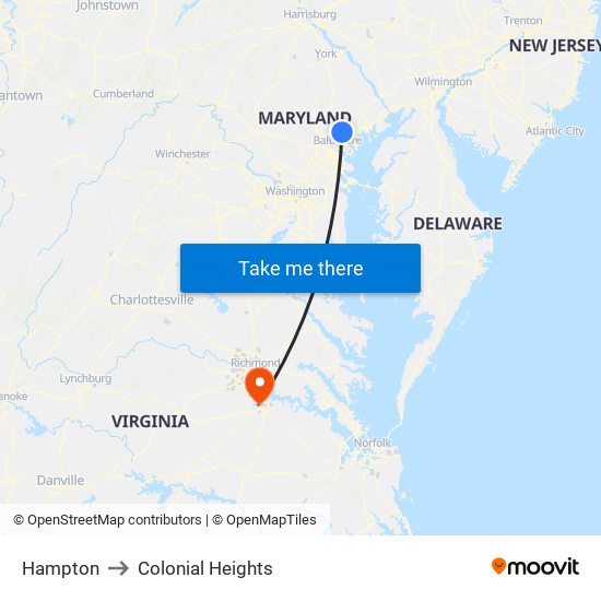 Hampton to Colonial Heights map