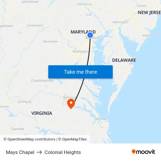 Mays Chapel to Colonial Heights map