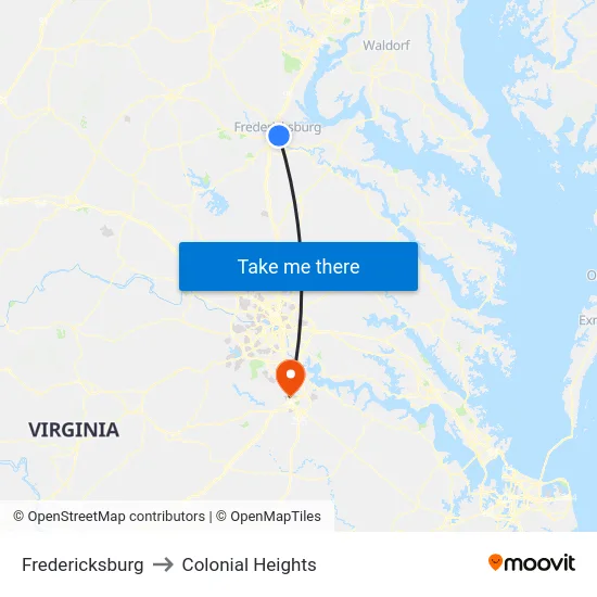 Fredericksburg to Colonial Heights map