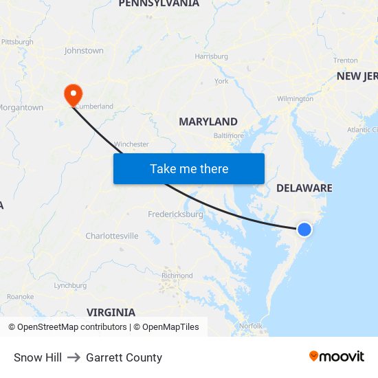 Snow Hill to Garrett County map